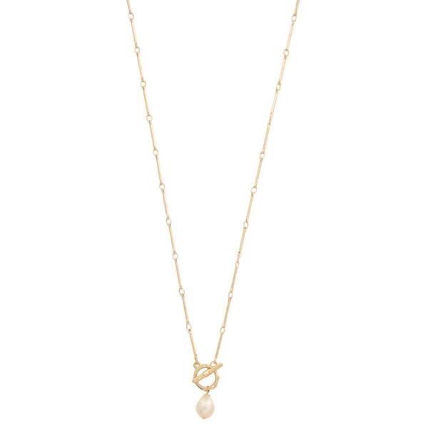 PEARL BEAD TOGGLE CLASP METAL NECKLACE