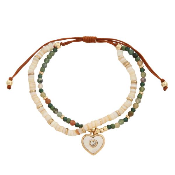 HEART CHARM BEADED LAYERED BRACELET SET