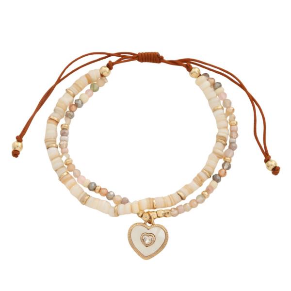 HEART CHARM BEADED LAYERED BRACELET SET