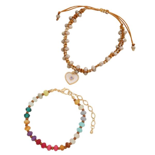 HEART CHARM BEADED BRACELET SET