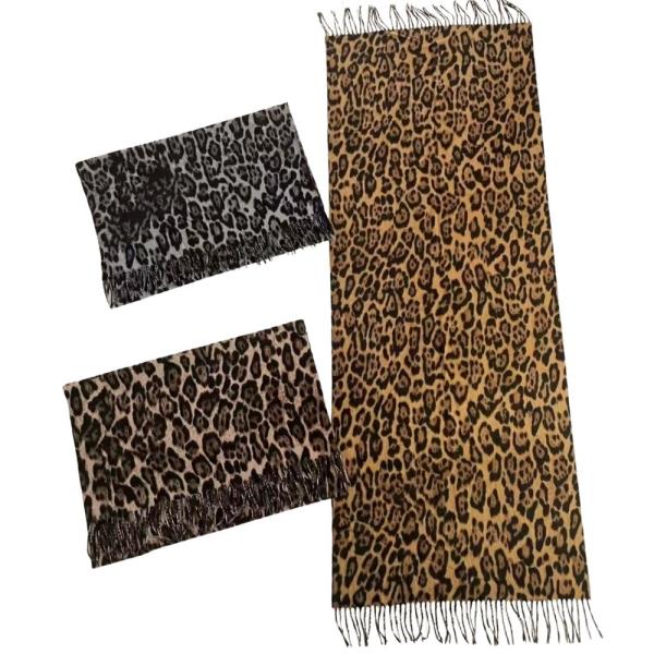 LEOPARD PATTERN FRINGE EDGE KNIT OBLONG SCARF