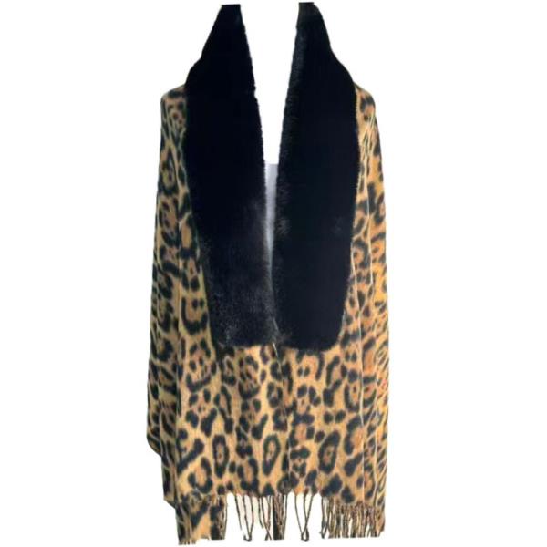 FAUX FUR TRIM LEOPARD PATTERN FRINGE EDGE KNIT SHAWL
