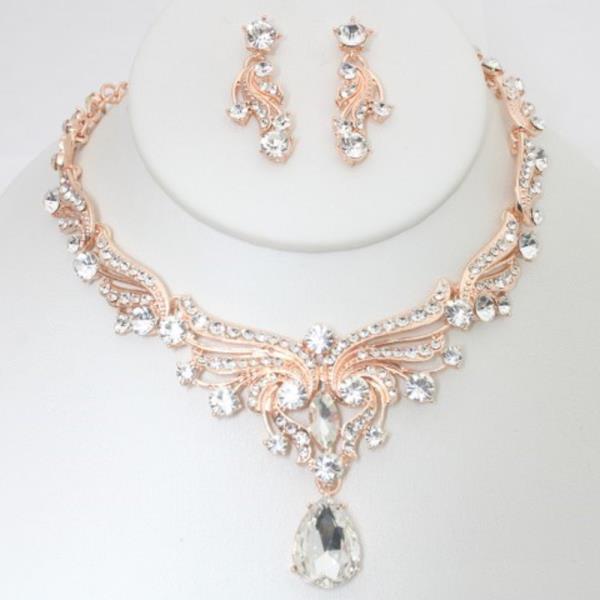 RHINESTONE TEARDROP PENDANT ORNATE STATEMENT NECKLACE EARRING SET