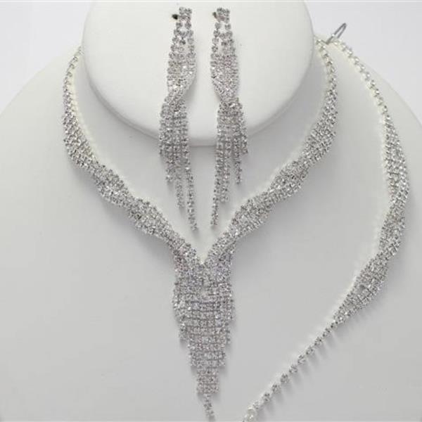 RHINESTONE FRINGE DROP NECKLACE EARRING BRACELET SET