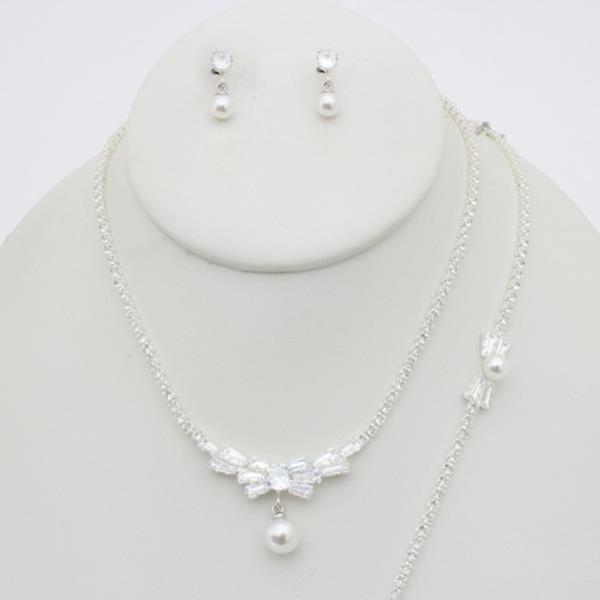 CZ BOW PEARL PENDANT NECKLACE EARRING BRACELET SET