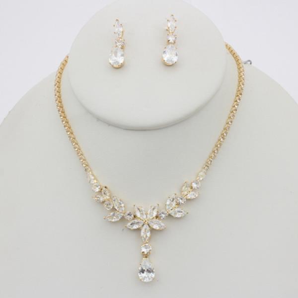 CZ STONE DROP PENDANT NECKLACE EARRINGS SET