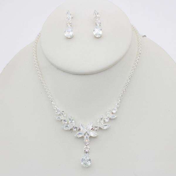 CZ STONE DROP PENDANT NECKLACE EARRINGS SET