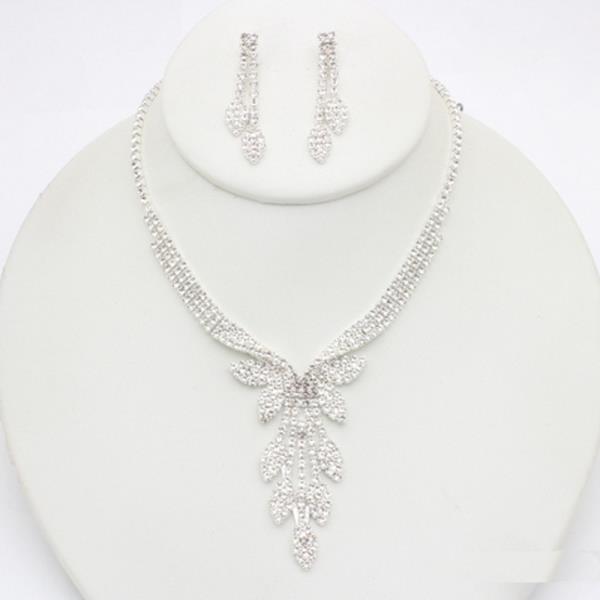 RHINESTONE LEAF DROP NECKLACE EARRINGS SET
