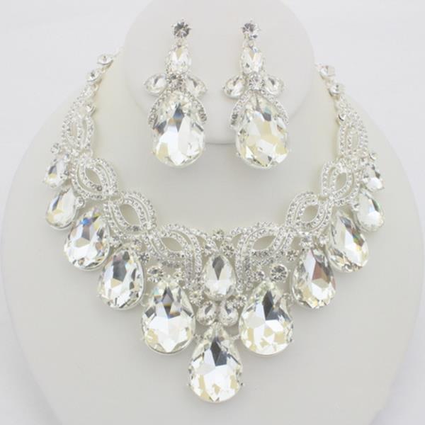 CRYSTAL LARGE TEARDROP STATEMENT NECKLACE EARRING SET