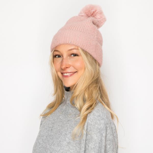 RHINESTONE POMPOM KNIT BEANIE HAT