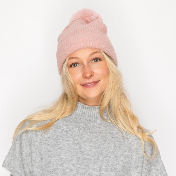 RHINESTONE POMPOM KNIT BEANIE HAT