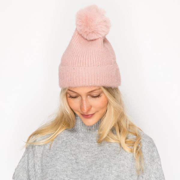 RHINESTONE POMPOM KNIT BEANIE HAT
