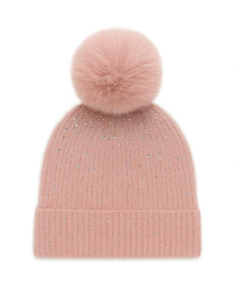 RHINESTONE POMPOM KNIT BEANIE HAT