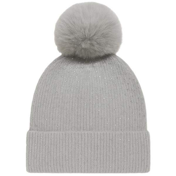 RHINESTONE POMPOM KNIT BEANIE HAT