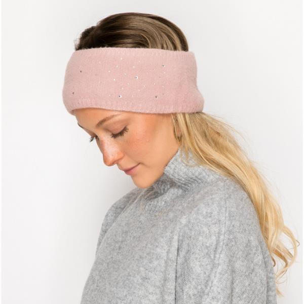 RHINESTONE ACCENT FUZZY KNIT HEADWRAP HEADBAND