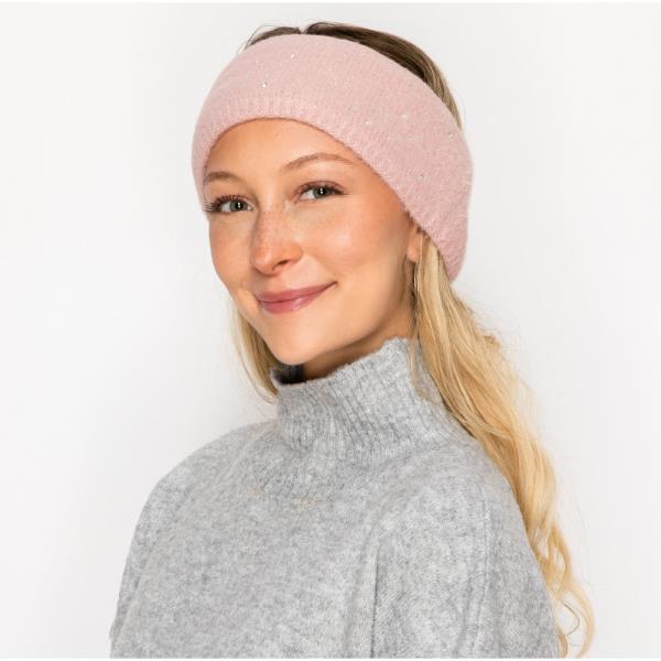 RHINESTONE ACCENT FUZZY KNIT HEADWRAP HEADBAND