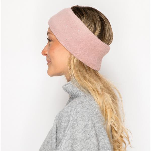 RHINESTONE ACCENT FUZZY KNIT HEADWRAP HEADBAND