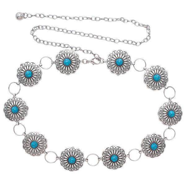 WESTERN METAL ENGRAVED CONCHO TURQUOISE CHAIN BELT