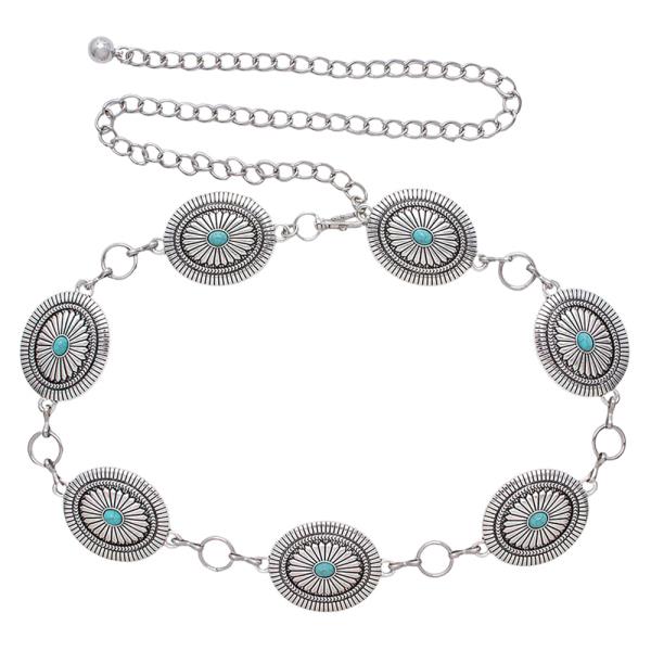 WESTERN METAL ENGRAVED CONCHO TURQUOISE CHAIN BELT
