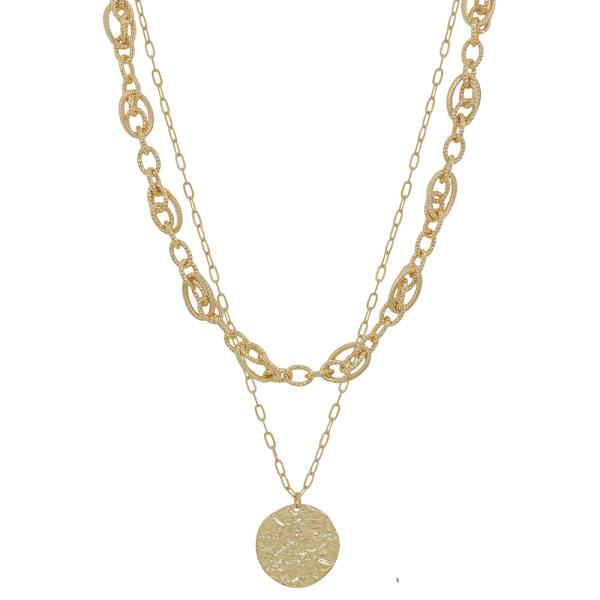 2 LAYERED LINKED TEXTURED METAL OVAL CHAIN COIN PENDANT SHORT NECKLACE