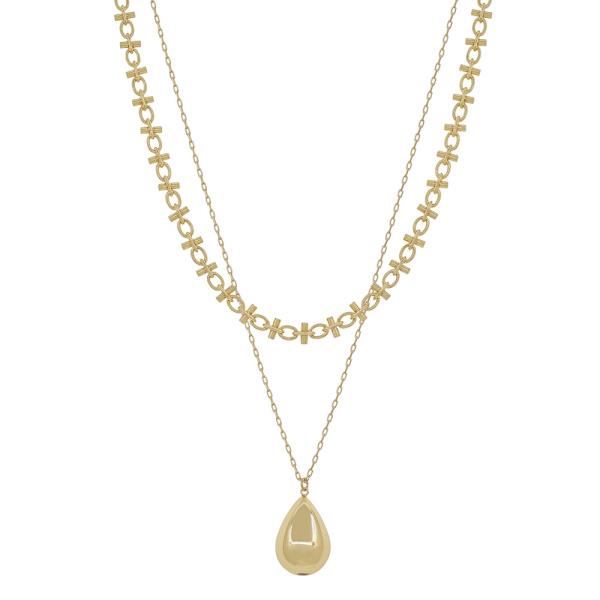 2 LAYERED DELICATE CHAIN ACCENT TEARDROP PENDANT SHORT NECKLACE