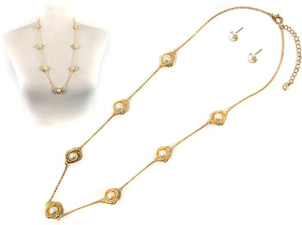 PEARL BEAD METAL STATION NECKLACE