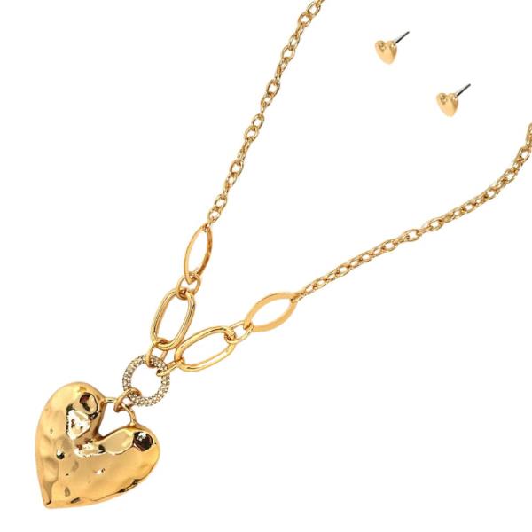 HAMMERED METAL HEART CIRCLE OVAL LINK METAL NECKLACE