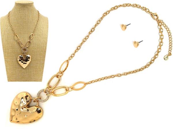 HAMMERED METAL HEART CIRCLE OVAL LINK METAL NECKLACE