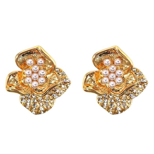 PEARL BEAD RHINESTONE FLOWER METAL EARRING