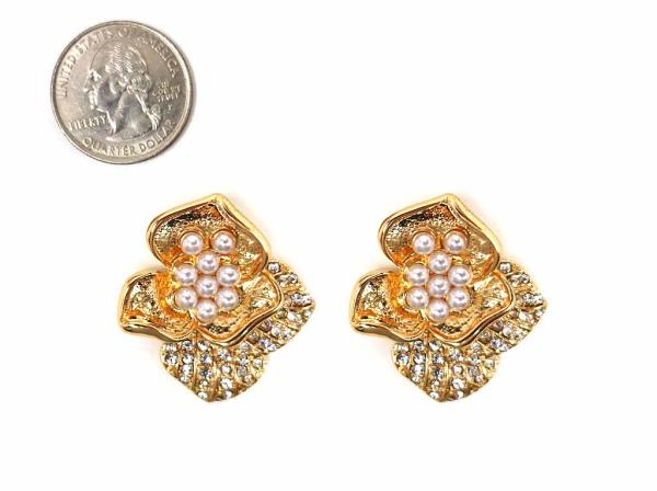 PEARL BEAD RHINESTONE FLOWER METAL EARRING