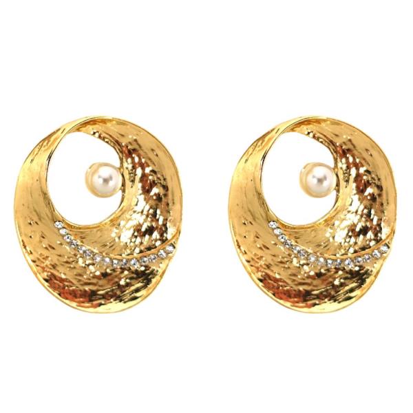 PEARL BEAD RHINESTONE ROUND METAL EARRING
