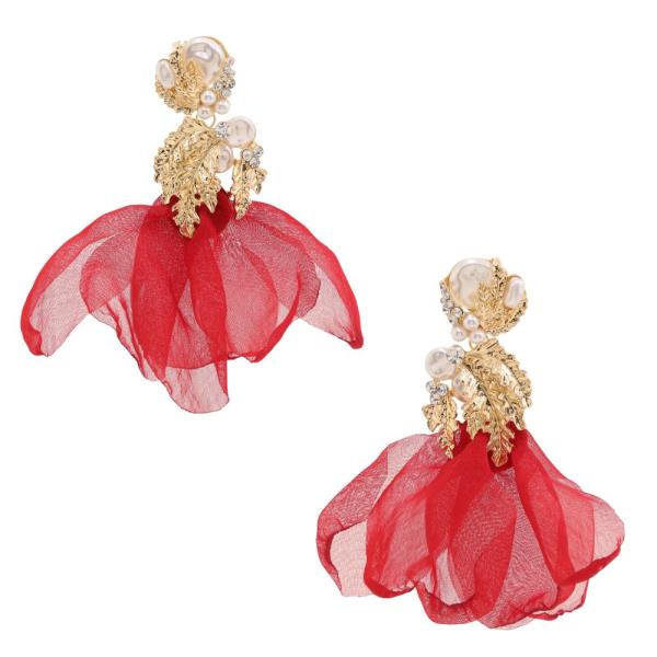 PEARL BEAD RHINESTONE METAL TULLE DANGLE EARRING