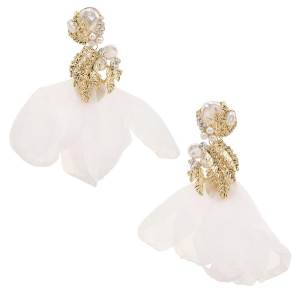 PEARL BEAD RHINESTONE METAL TULLE DANGLE EARRING
