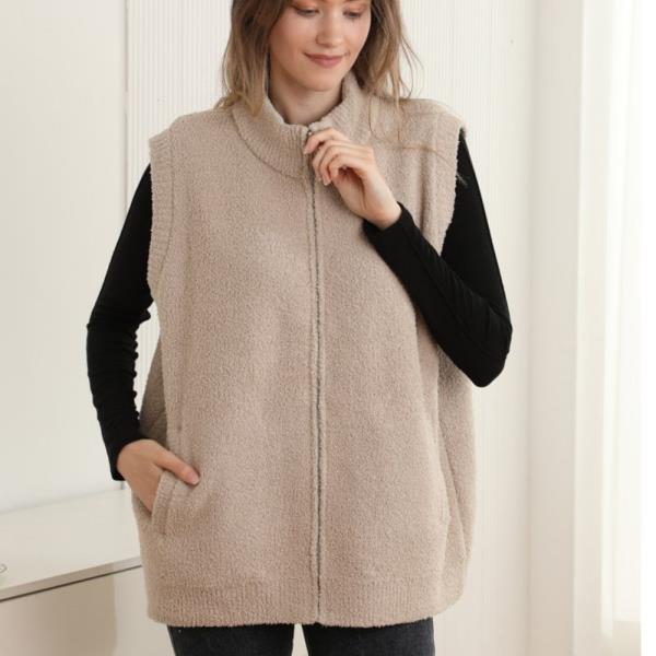 SOLID OVERSIZED ZIPPER SWEATER VEST W POCKETS