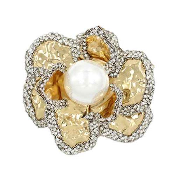 RHINESTONE PEARL METAL FLOWER BROOCH