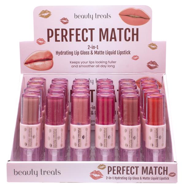 BEAUTY TREATS PERFECT MATCH 2 IN 1 HYDRATING LIP GLOSS AND MATTE LIQUID LIPSTICK (24 UNITS)