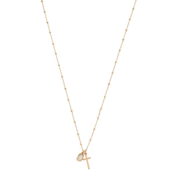 DAINTY CROSS CHARM CRYSTAL METAL NECKLACE