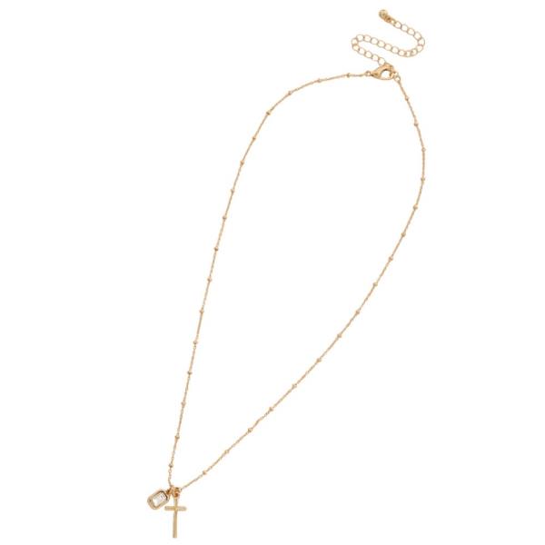 DAINTY CROSS CHARM CRYSTAL METAL NECKLACE