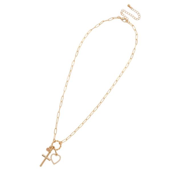 CROSS HEART CRYSTAL CHARM METAL NECKLACE
