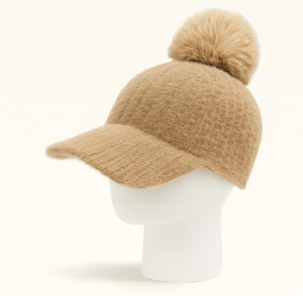 FAUX FUR POMPOM KNIT BASEBALL CAP
