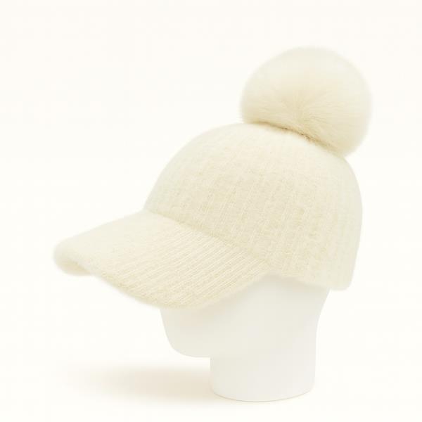 FAUX FUR POMPOM KNIT BASEBALL CAP