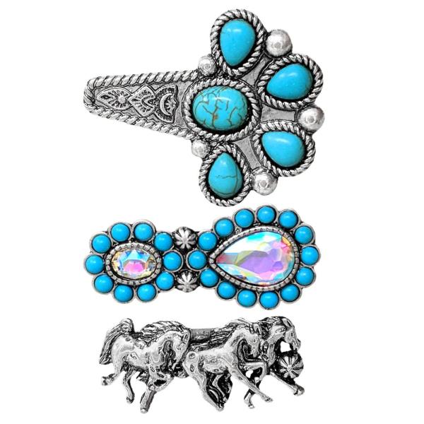 WESTERN STYLE TURQUOISE BEAD HAIR CLIP SET