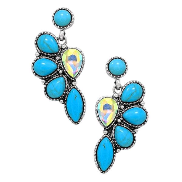 WESTERN SEMI STONE TURQUOISE BEAD RHINESTONE EARRING