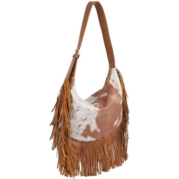 COW TEXTURED FRINGE SHOULDER HOBO BAG