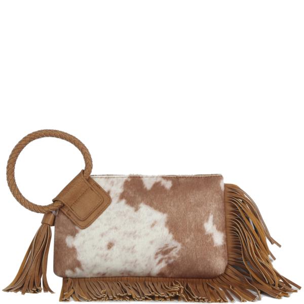 COW TEXTURED FRINGE HANDLE CLUTCH BAG