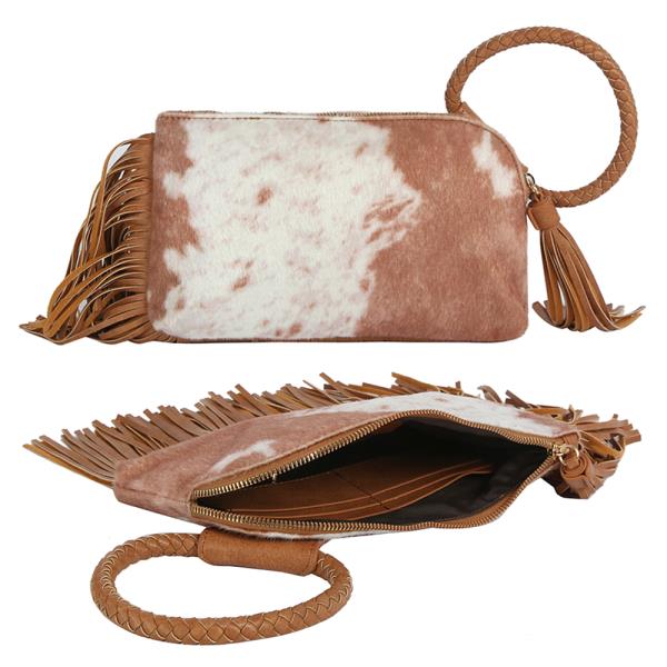 COW TEXTURED FRINGE HANDLE CLUTCH BAG