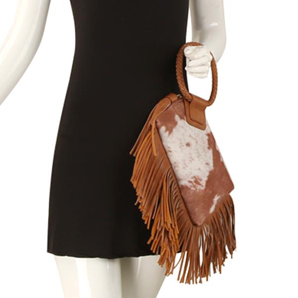 COW TEXTURED FRINGE HANDLE CLUTCH BAG