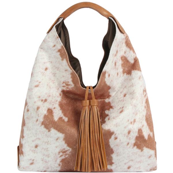COW TEXTURE TASSEL HOBO BAG
