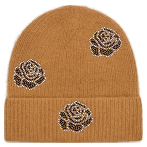RHINESTONE ROSE PATTERN KNIT BEANIE HAT
