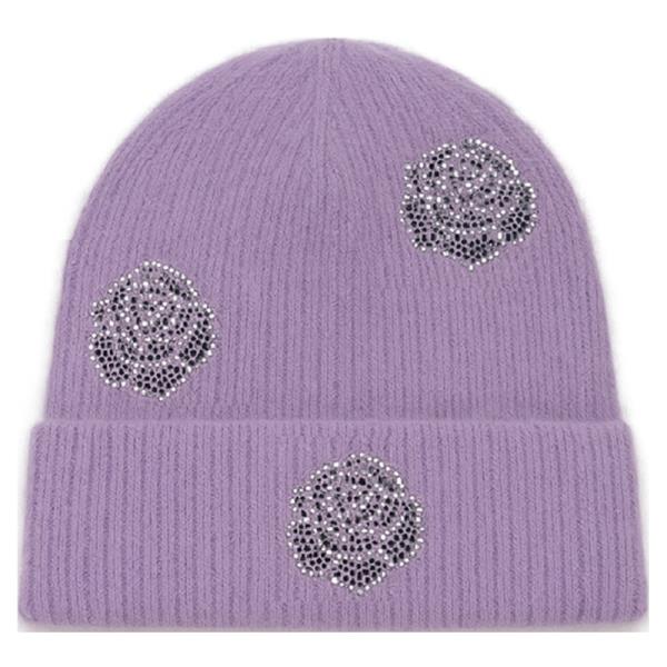 RHINESTONE ROSE PATTERN KNIT BEANIE HAT
